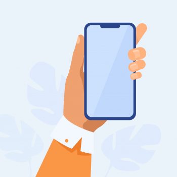 Human hand holding mobile phone. Person using apps on smartphone flat vector illustration. Technology concept for banner, website design or landing web page