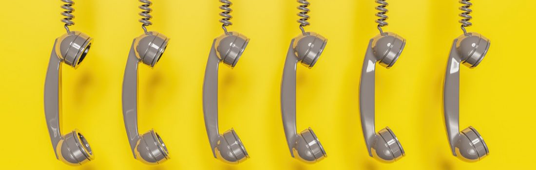 banner-grey-antique-telephone-headset-hanging-from-cable-yellow-background-3d-rendering